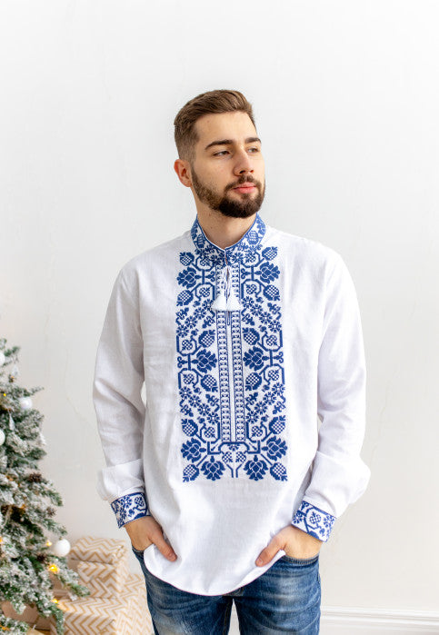 MEN’S VYSHYVANKA SHIRT WITH BLUE EMBROIDERY