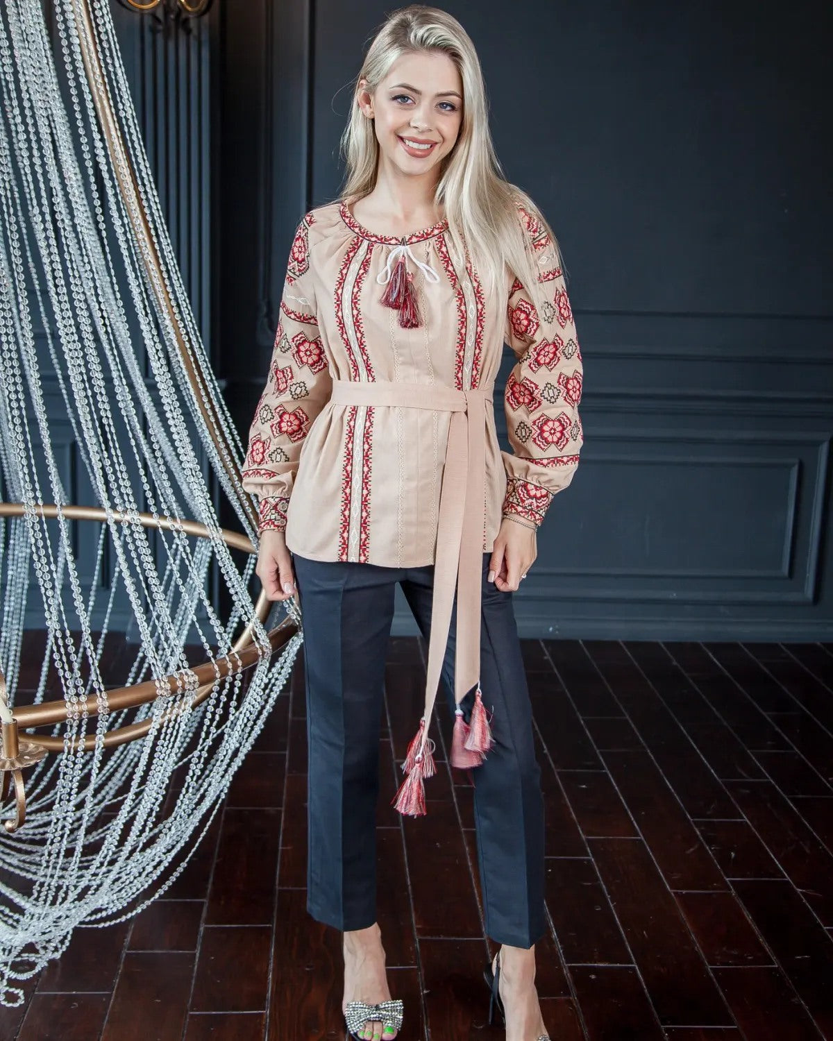 WOMEN'S VYSHYVANKA IN USA "OLESIA"BEIGE AND RED