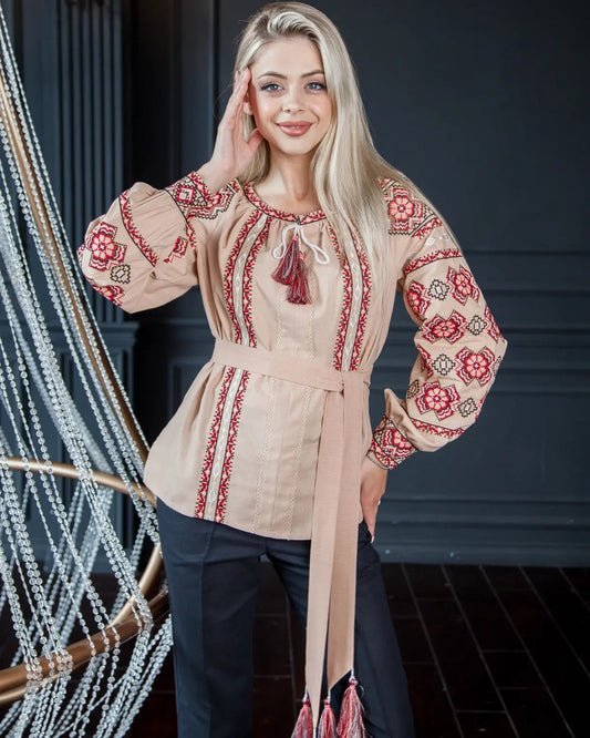 WOMEN'S VYSHYVANKA IN USA "OLESIA"BEIGE AND RED