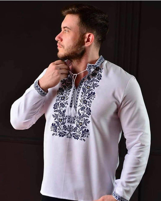 MEN’S VYSHYVANKA SHIRT WITH NAVY BLUE EMBROIDERY