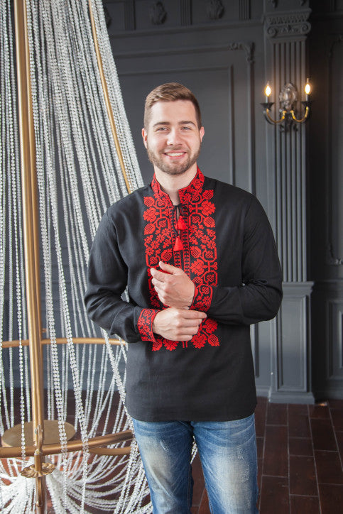 MEN’S BLACK VYSHYVANKA SHIRT WITH RED EMBROIDERY