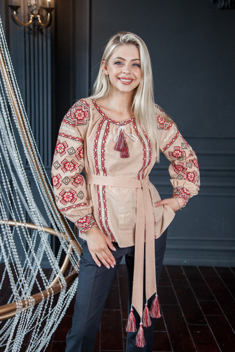 WOMEN'S VYSHYVANKA IN USA "OLESIA"BEIGE AND RED
