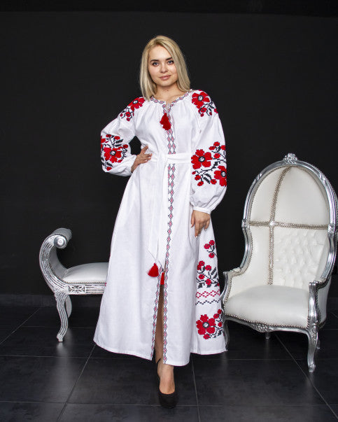 WOMEN'S EMBROIDERY LONG WHITE VYSHYVANKA DRESS "BYKET"