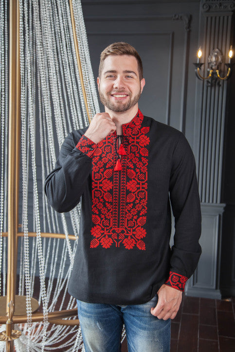 MEN’S BLACK VYSHYVANKA SHIRT WITH RED EMBROIDERY