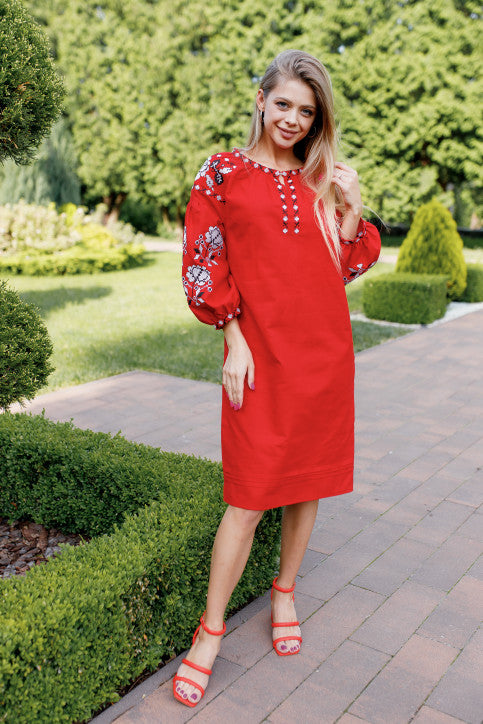 WOMEN'S LIEN EMBROIDERED RED DRESS WITH POCKETS "CVIT TROANDU"/UKRAINIAN VYSHYVANKA IN USA
