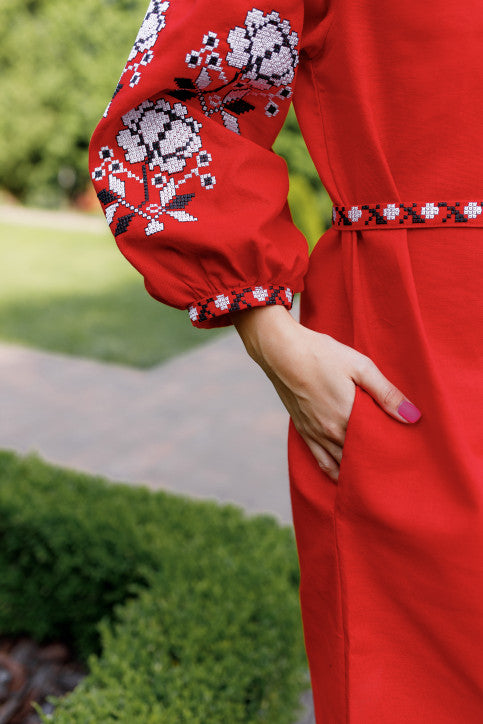 WOMEN'S LIEN EMBROIDERED RED DRESS WITH POCKETS "CVIT TROANDU"/UKRAINIAN VYSHYVANKA IN USA