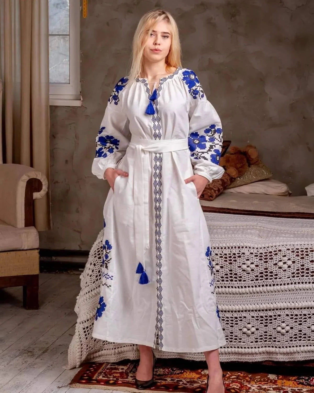 VYSHYVANKA DRESS "BYKET" BLUE/ EMBROIDERY UKRAINIAN DRESS IN USA